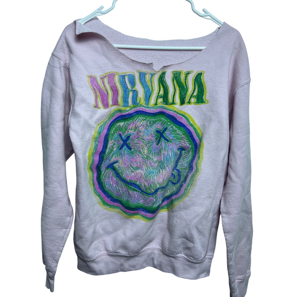 Nirvana Pink Graphic Sweatshirt Raw Cut Neckline Smiley Face Logo Rock Band 1990